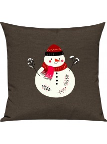 Kinder Kissen, Schneemann Snowman Weihnachten Christmas Winter Schnee Tiere Tier Natur, Kuschelkissen Couch Deko, Farbe braun