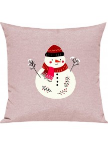 Kinder Kissen, Schneemann Snowman Weihnachten Christmas Winter Schnee Tiere Tier Natur, Kuschelkissen Couch Deko, Farbe rosa