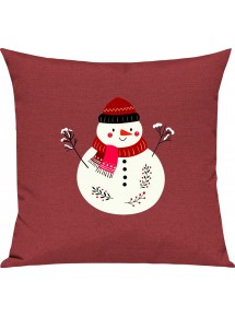Kinder Kissen, Schneemann Snowman Weihnachten Christmas Winter Schnee Tiere Tier Natur, Kuschelkissen Couch Deko, Farbe rot