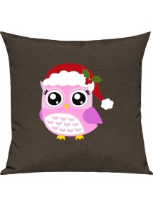Kinder Kissen, Eule Owl Weihnachten Christmas Winter Schnee Tiere Tier Natur, Kuschelkissen Couch Deko, Farbe braun