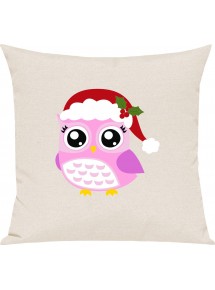 Kinder Kissen, Eule Owl Weihnachten Christmas Winter Schnee Tiere Tier Natur, Kuschelkissen Couch Deko, Farbe creme