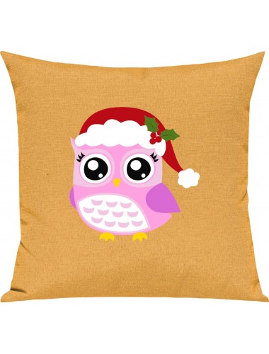 Kinder Kissen, Eule Owl Weihnachten Christmas Winter Schnee Tiere Tier Natur, Kuschelkissen Couch Deko, Farbe gelb
