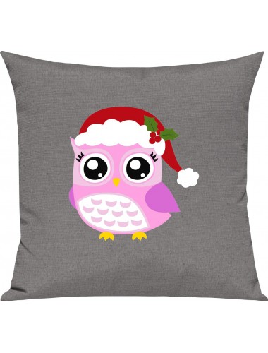 Kinder Kissen, Eule Owl Weihnachten Christmas Winter Schnee Tiere Tier Natur, Kuschelkissen Couch Deko, Farbe grau