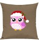 Kinder Kissen, Eule Owl Weihnachten Christmas Winter Schnee Tiere Tier Natur, Kuschelkissen Couch Deko, Farbe hellbraun
