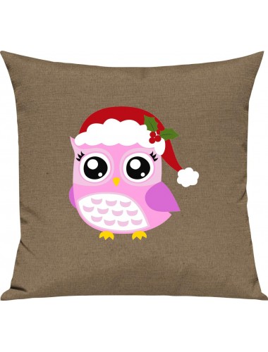 Kinder Kissen, Eule Owl Weihnachten Christmas Winter Schnee Tiere Tier Natur, Kuschelkissen Couch Deko, Farbe hellbraun