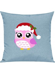 Kinder Kissen, Eule Owl Weihnachten Christmas Winter Schnee Tiere Tier Natur, Kuschelkissen Couch Deko, Farbe tuerkis