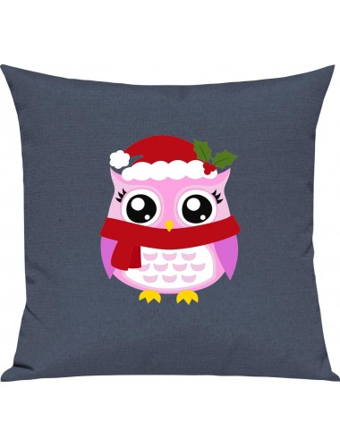 Kinder Kissen, Eule Owl Weihnachten Christmas Winter Schnee Tiere Tier Natur, Kuschelkissen Couch Deko, Farbe blau