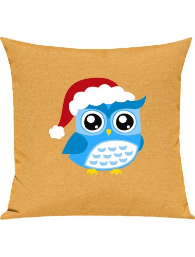 Kinder Kissen, Eule Owl Weihnachten Christmas Winter Schnee Tiere Tier Natur, Kuschelkissen Couch Deko, Farbe gelb