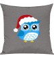 Kinder Kissen, Eule Owl Weihnachten Christmas Winter Schnee Tiere Tier Natur, Kuschelkissen Couch Deko, Farbe grau