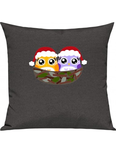 Kinder Kissen, Eule Owl Weihnachten Christmas Winter Schnee Tiere Tier Natur, Kuschelkissen Couch Deko, Farbe dunkelgrau