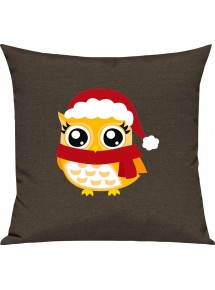 Kinder Kissen, Eule Owl Weihnachten Christmas Winter Schnee Tiere Tier Natur, Kuschelkissen Couch Deko, Farbe braun
