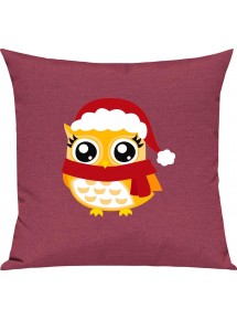 Kinder Kissen, Eule Owl Weihnachten Christmas Winter Schnee Tiere Tier Natur, Kuschelkissen Couch Deko, Farbe pink