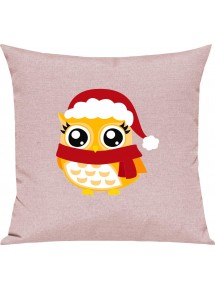 Kinder Kissen, Eule Owl Weihnachten Christmas Winter Schnee Tiere Tier Natur, Kuschelkissen Couch Deko, Farbe rosa
