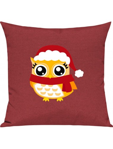 Kinder Kissen, Eule Owl Weihnachten Christmas Winter Schnee Tiere Tier Natur, Kuschelkissen Couch Deko, Farbe rot