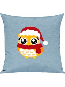 Kinder Kissen, Eule Owl Weihnachten Christmas Winter Schnee Tiere Tier Natur, Kuschelkissen Couch Deko, Farbe tuerkis