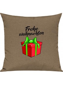 Kinder Kissen, Frohe Weihnachten Geschenk Merry Christmas, Kuschelkissen Couch Deko, Farbe hellbraun