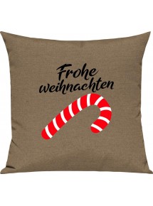 Kinder Kissen, Frohe Weihnachten Zuckerstange Merry Christmas, Kuschelkissen Couch Deko, Farbe hellbraun