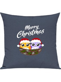 Kinder Kissen, Merry Christmas Eule Frohe Weihnachten, Kuschelkissen Couch Deko, Farbe blau