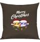 Kinder Kissen, Merry Christmas Eule Frohe Weihnachten, Kuschelkissen Couch Deko, Farbe braun
