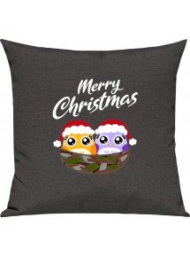 Kinder Kissen, Merry Christmas Eule Frohe Weihnachten, Kuschelkissen Couch Deko, Farbe dunkelgrau
