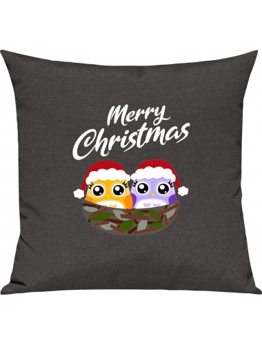 Kinder Kissen, Merry Christmas Eule Frohe Weihnachten, Kuschelkissen Couch Deko, Farbe dunkelgrau