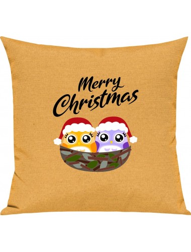 Kinder Kissen, Merry Christmas Eule Frohe Weihnachten, Kuschelkissen Couch Deko, Farbe gelb
