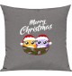 Kinder Kissen, Merry Christmas Eule Frohe Weihnachten, Kuschelkissen Couch Deko, Farbe grau