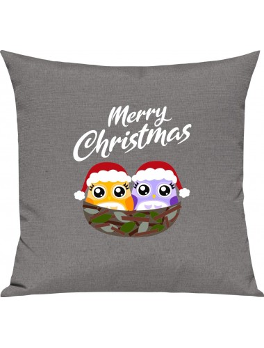 Kinder Kissen, Merry Christmas Eule Frohe Weihnachten, Kuschelkissen Couch Deko, Farbe grau