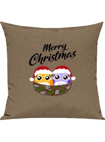 Kinder Kissen, Merry Christmas Eule Frohe Weihnachten, Kuschelkissen Couch Deko, Farbe hellbraun