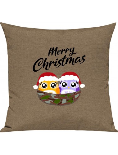 Kinder Kissen, Merry Christmas Eule Frohe Weihnachten, Kuschelkissen Couch Deko, Farbe hellbraun