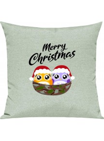 Kinder Kissen, Merry Christmas Eule Frohe Weihnachten, Kuschelkissen Couch Deko, Farbe pastellgruen