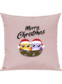 Kinder Kissen, Merry Christmas Eule Frohe Weihnachten, Kuschelkissen Couch Deko, Farbe rosa