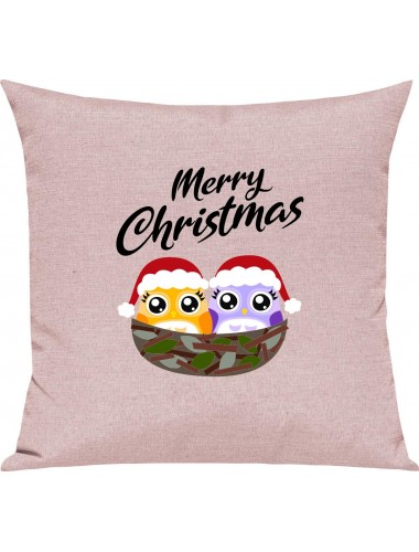 Kinder Kissen, Merry Christmas Eule Frohe Weihnachten, Kuschelkissen Couch Deko, Farbe rosa