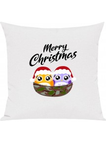 Kinder Kissen, Merry Christmas Eule Frohe Weihnachten, Kuschelkissen Couch Deko, Farbe weiss