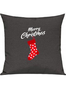 Kinder Kissen, Merry Christmas Weihnachtssocke Frohe Weihnachten, Kuschelkissen Couch Deko, Farbe dunkelgrau