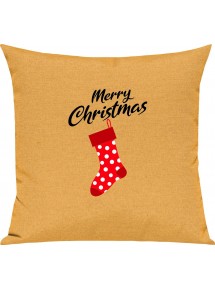 Kinder Kissen, Merry Christmas Weihnachtssocke Frohe Weihnachten, Kuschelkissen Couch Deko, Farbe gelb