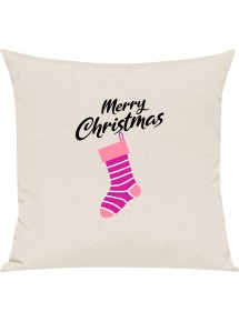 Kinder Kissen, Merry Christmas Weihnachtssocke Frohe Weihnachten, Kuschelkissen Couch Deko, Farbe creme