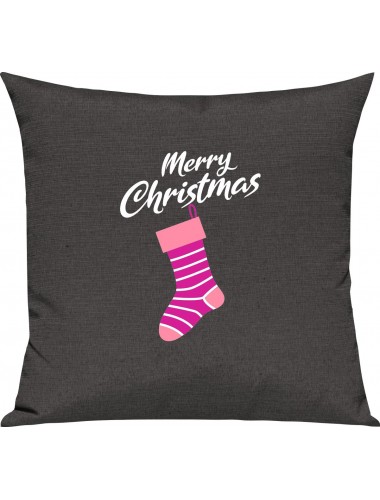 Kinder Kissen, Merry Christmas Weihnachtssocke Frohe Weihnachten, Kuschelkissen Couch Deko, Farbe dunkelgrau