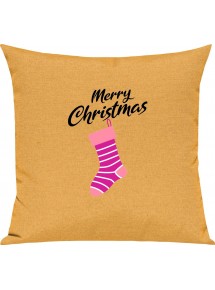 Kinder Kissen, Merry Christmas Weihnachtssocke Frohe Weihnachten, Kuschelkissen Couch Deko, Farbe gelb