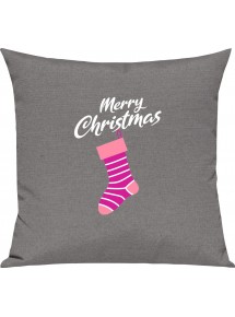 Kinder Kissen, Merry Christmas Weihnachtssocke Frohe Weihnachten, Kuschelkissen Couch Deko, Farbe grau
