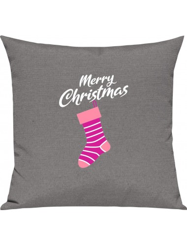 Kinder Kissen, Merry Christmas Weihnachtssocke Frohe Weihnachten, Kuschelkissen Couch Deko, Farbe grau