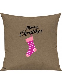 Kinder Kissen, Merry Christmas Weihnachtssocke Frohe Weihnachten, Kuschelkissen Couch Deko, Farbe hellbraun