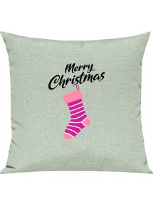 Kinder Kissen, Merry Christmas Weihnachtssocke Frohe Weihnachten, Kuschelkissen Couch Deko, Farbe pastellgruen