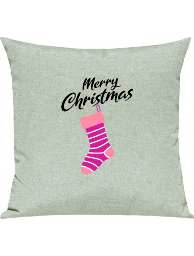 Kinder Kissen, Merry Christmas Weihnachtssocke Frohe Weihnachten, Kuschelkissen Couch Deko, Farbe pastellgruen