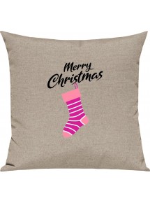 Kinder Kissen, Merry Christmas Weihnachtssocke Frohe Weihnachten, Kuschelkissen Couch Deko, Farbe sand