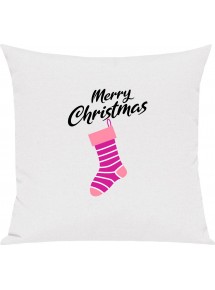 Kinder Kissen, Merry Christmas Weihnachtssocke Frohe Weihnachten, Kuschelkissen Couch Deko, Farbe weiss