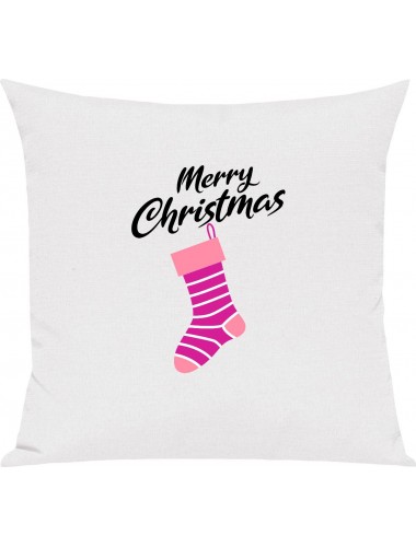 Kinder Kissen, Merry Christmas Weihnachtssocke Frohe Weihnachten, Kuschelkissen Couch Deko, Farbe weiss