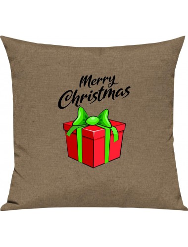 Kinder Kissen, Merry Christmas Geschenk Frohe Weihnachten, Kuschelkissen Couch Deko, Farbe hellbraun