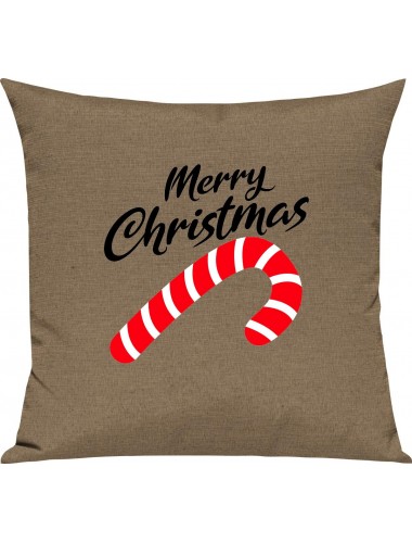 Kinder Kissen, Merry Christmas Zuckerstange Frohe Weihnachten, Kuschelkissen Couch Deko, Farbe hellbraun