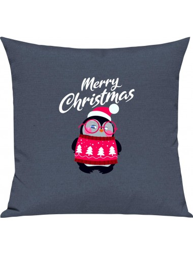 Kinder Kissen, Merry Christmas Pinguin Frohe Weihnachten, Kuschelkissen Couch Deko, Farbe blau